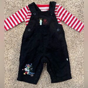 Y2K Black Embroidered Mickey Mouse Corduroy Overalls & Coordinating shirt. 3/6m